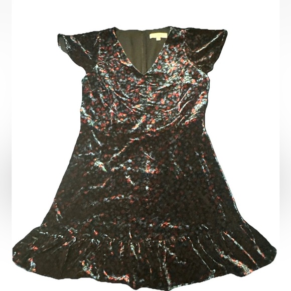 LOFT Women’s 14 Black Floral Print Velvet Velour V-Neck Ruffle Hem Dress Classic - Picture 3 of 13